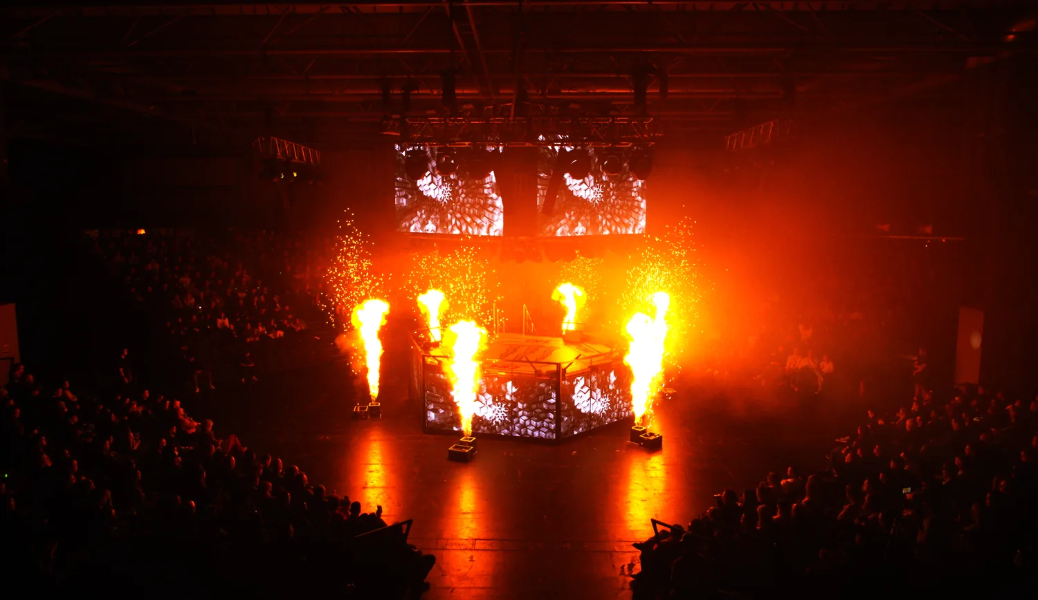 Flame projectors and screens firing during an arena show